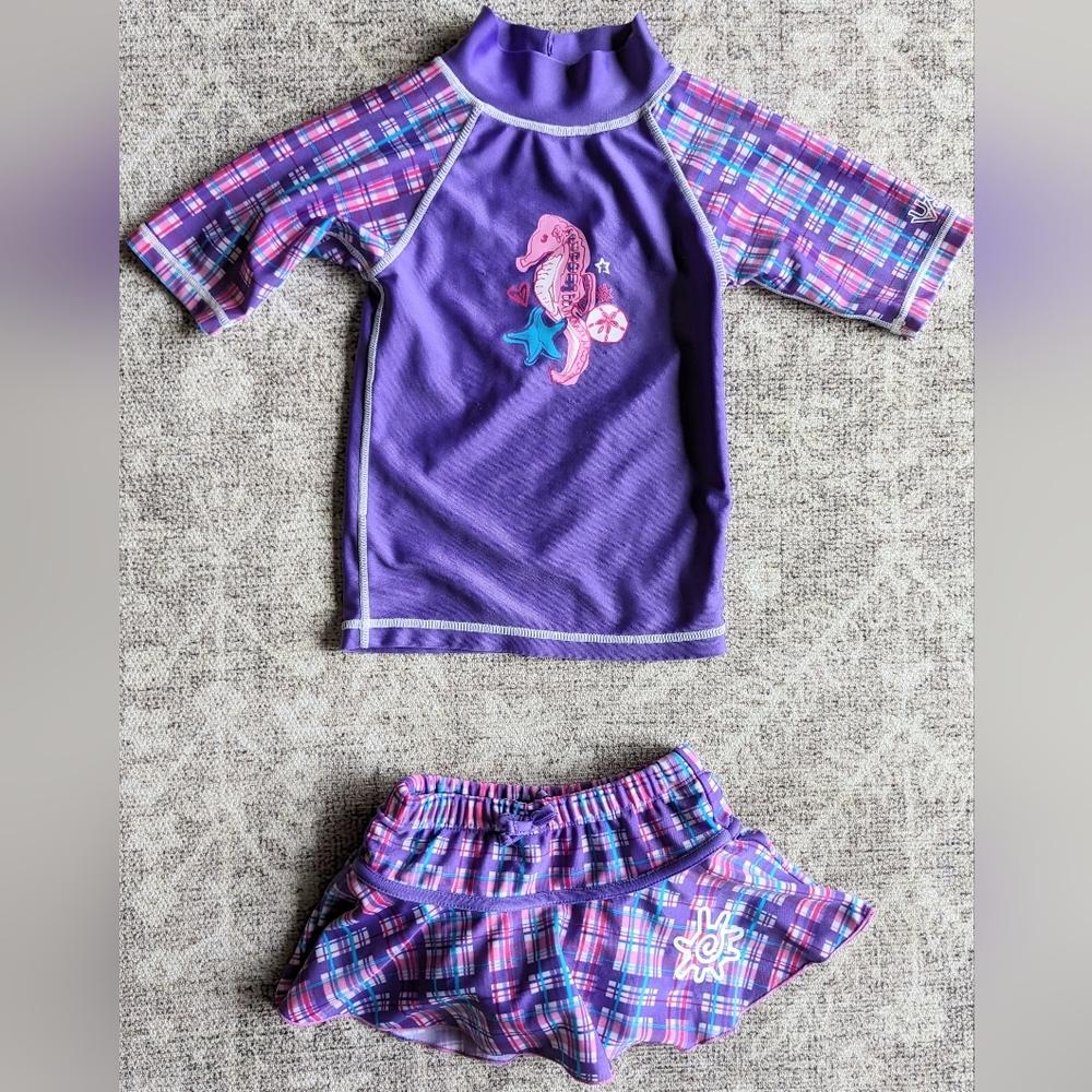 UV Skinz 12-18 month 2 Piece Swimsuit w Sleeves & Skort - Purple Pink Seahorse
